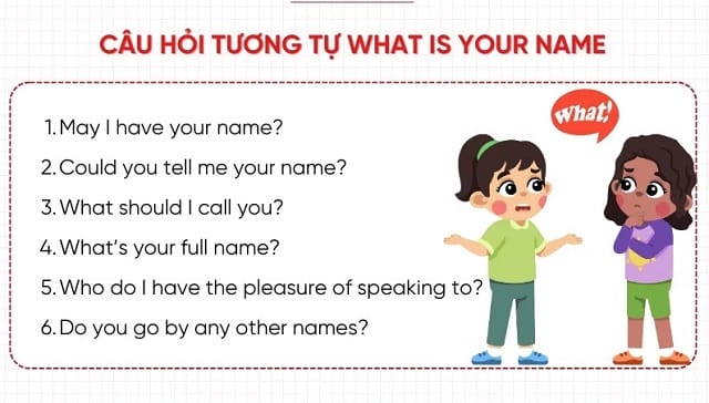 Chúng ta cũng có thể sử dụng các câu hỏi tương tự What’s your name trong các tính huống khác nhau